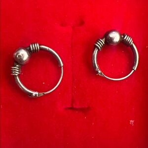 Sterling Silver Beaded Hoop Earrings - Silver